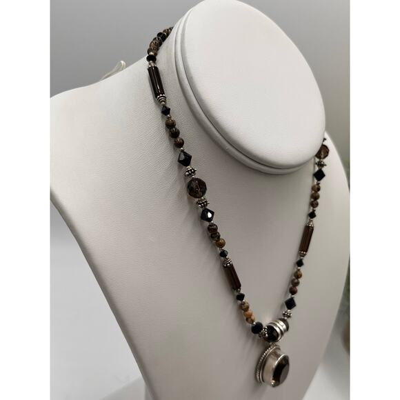 Sterling Silver Smoky Quartz‎ Pendant Beads Jasper Necklace and 925 Earring Set - Picture 3 of 10